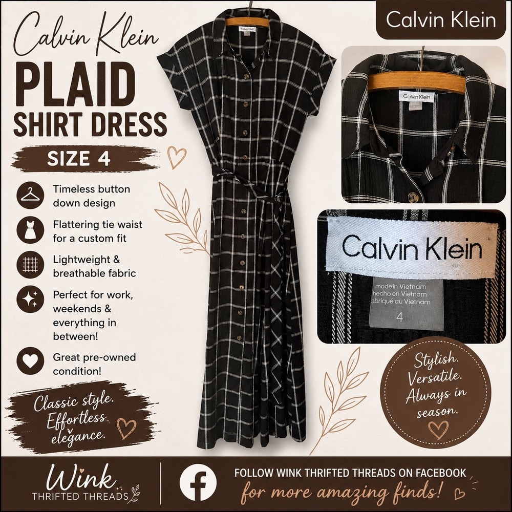 Calvin Klein Black White Plaid Shirt Dress Tie Waist Button Down Midi Size 4